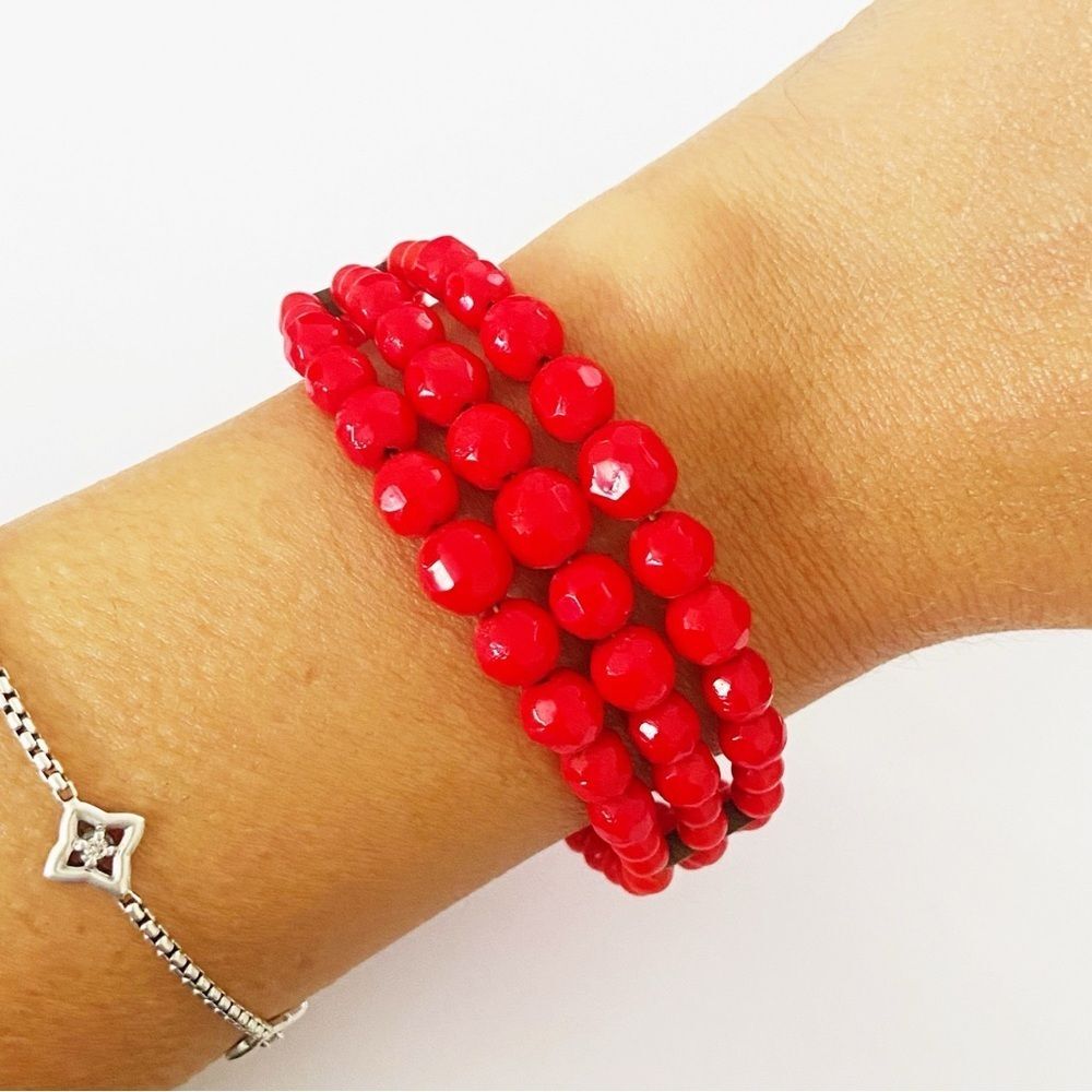 Vintage 1930s bohemian red faceted glass triple strand wire bracelet - Picture 3 of 7